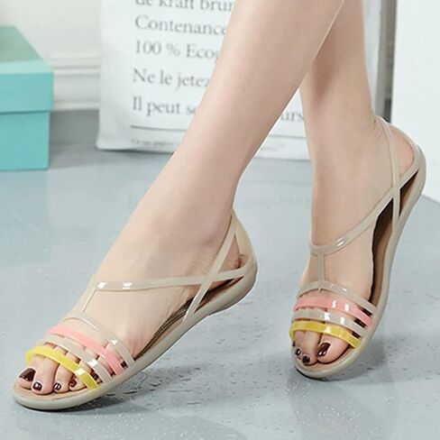 Women's Colorful Neon Jelly Flat Sandals,Summer Open Toe T-Strap Rainbow Slip On Soft Sole Walking Beach Casual Loose Flat Low Heel Jellies Sandals in Saudi Arabia