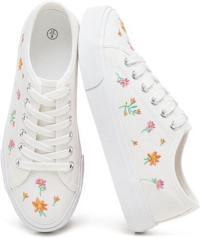 yageyan Womens White Embroidery Canvas Sneakers Low Top Tennis Shoes Womens Causal Sneakers in Kuwait