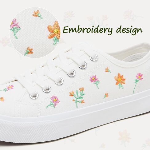 yageyan Womens White Embroidery Canvas Sneakers Low Top Tennis Shoes Womens Causal Sneakers in Kuwait