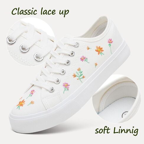 yageyan Womens White Embroidery Canvas Sneakers Low Top Tennis Shoes Womens Causal Sneakers in Kuwait