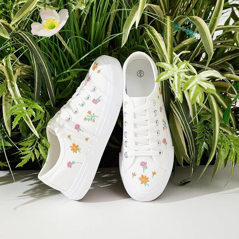 yageyan Womens White Embroidery Canvas Sneakers Low Top Tennis Shoes Womens Causal Sneakers in Kuwait