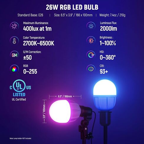 NEEWER Photography RGB LED Light Bulb 2 Pack, App Control 26W FCC/IC/UL Certified LED Bulb with 9 Effects, 400lux/m 2700K-6500K CRI93+ TLCI98+, E26 Base for Studio Softbox Lighting Kit, T100C in Saudi Arabia