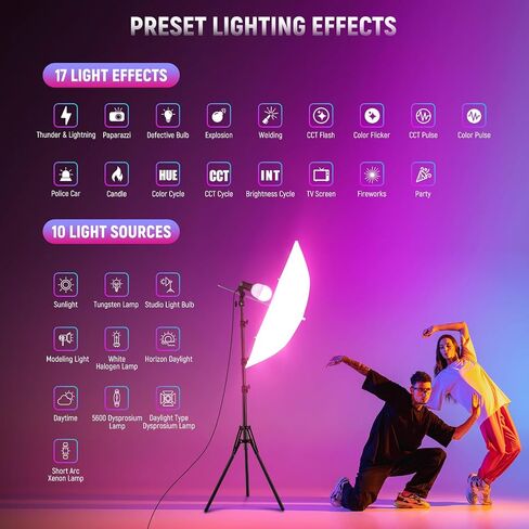 NEEWER Photography RGB LED Light Bulb 2 Pack, App Control 26W FCC/IC/UL Certified LED Bulb with 9 Effects, 400lux/m 2700K-6500K CRI93+ TLCI98+, E26 Base for Studio Softbox Lighting Kit, T100C in Saudi Arabia