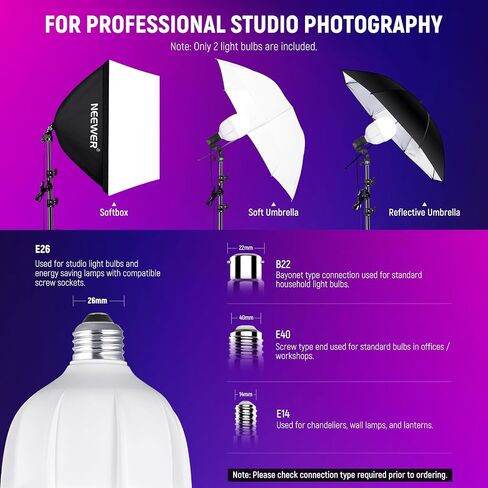 NEEWER Photography RGB LED Light Bulb 2 Pack, App Control 26W FCC/IC/UL Certified LED Bulb with 9 Effects, 400lux/m 2700K-6500K CRI93+ TLCI98+, E26 Base for Studio Softbox Lighting Kit, T100C in Saudi Arabia