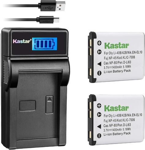 Kastar Battery (X2) و LCD Slim USB Rapid Charger Presconse for NP-45 NP-45A NP-45B NP-45S 16437322 ، EN-EL10 ، LI-42B LI-40B ، KLIC-7006 K7006 ، NP-80 CNP80 ، D-LI63 ، D-LI108 ، D-LI-LI. in Saudi Arabia