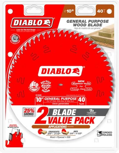 Diablo Girlue Dirope Saw Plade - 10 "× 40 -TOUTH للتخفيضات النظيفة ، والكربيد TICO و Perma Shield ، و KERF رقيقة للدقة ، و 2 شفرة حزمة - D104040VP in Saudi Arabia