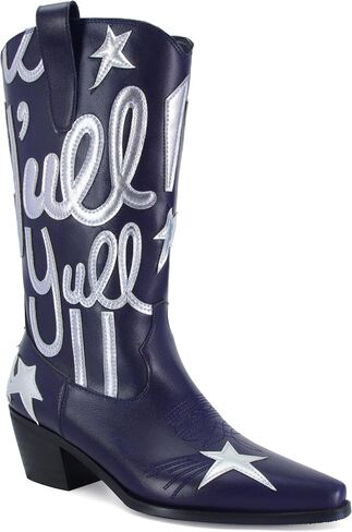 Cowboy Boots for Women Pull On Mid Calf Western Boots Fashion Embroidery Cowgirl Boots Pointed Toe Chunky Heel Boots in Saudi Arabia