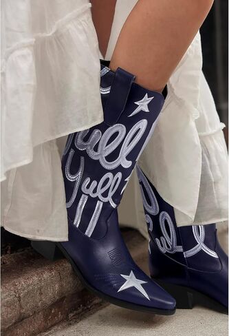 Cowboy Boots for Women Pull On Mid Calf Western Boots Fashion Embroidery Cowgirl Boots Pointed Toe Chunky Heel Boots in Saudi Arabia