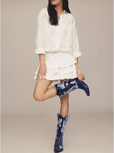 Cowboy Boots for Women Pull On Mid Calf Western Boots Fashion Embroidery Cowgirl Boots Pointed Toe Chunky Heel Boots in Saudi Arabia