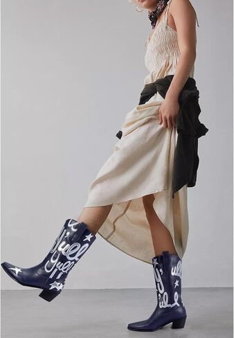 Cowboy Boots for Women Pull On Mid Calf Western Boots Fashion Embroidery Cowgirl Boots Pointed Toe Chunky Heel Boots in Saudi Arabia