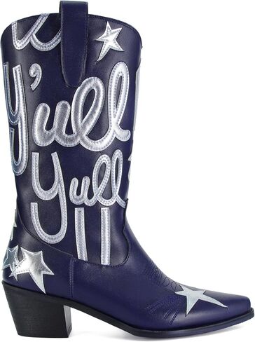 Cowboy Boots for Women Pull On Mid Calf Western Boots Fashion Embroidery Cowgirl Boots Pointed Toe Chunky Heel Boots in Saudi Arabia
