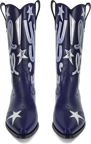 Cowboy Boots for Women Pull On Mid Calf Western Boots Fashion Embroidery Cowgirl Boots Pointed Toe Chunky Heel Boots in Saudi Arabia