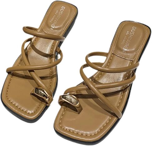 Women's Leather Strappy Metal Toe Ring Slides Sandals Fashion Comfortable Open Square Toe Slip On Low Block Heel Slippers Summer Casual Daily Beach Slipper in Kuwait