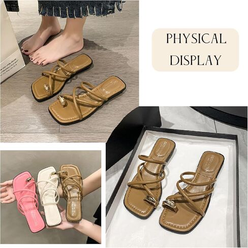 Women's Leather Strappy Metal Toe Ring Slides Sandals Fashion Comfortable Open Square Toe Slip On Low Block Heel Slippers Summer Casual Daily Beach Slipper in Kuwait