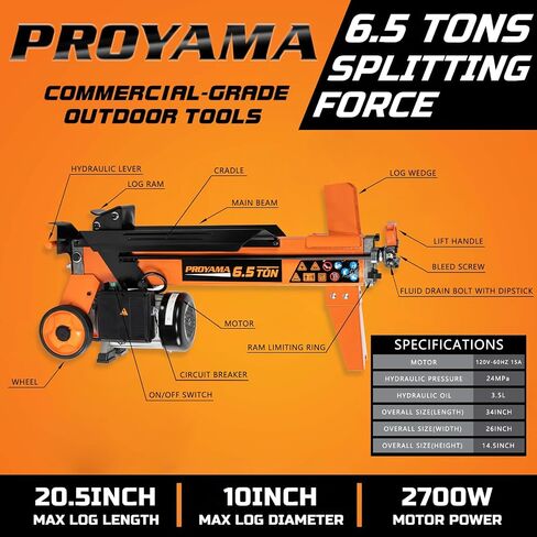 PROYAMA Log Splitter 6.5 Ton, Wood Splitter Electric Powered 15Amp, with Hydraulic Ram, Electric Firewood Splitting Machine, Horizontal in Saudi Arabia