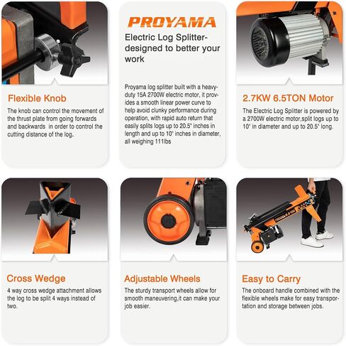 PROYAMA Log Splitter 6.5 Ton, Wood Splitter Electric Powered 15Amp, with Hydraulic Ram, Electric Firewood Splitting Machine, Horizontal in Saudi Arabia