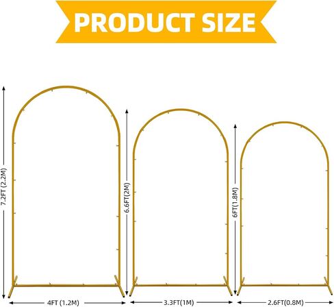 DYAUS Set of 3 Metal Arch Backdrop Stand, 7.2FT, 6.6FT, 6FT Gold Arch, Balloon Arch Stand, Wedding Arch Frame, Arch Stand for Wedding Birthday Party Baby Shower Graduation Decorations (with Balloons) in Saudi Arabia