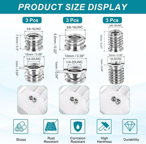 Patikil 9pcs 1/4 "أنثى إلى 3/8" ذكور الخيط تقليل محولات ترايبود جبل برغي الصلب in Kuwait