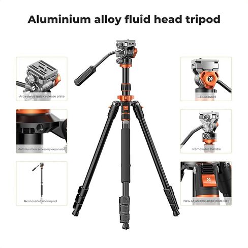 K & F Concept 83 Inch/211cm Camera Video Tripod لـ DSLR ورأس ثلاثي القوائم الموجهة ثلاثية. in Saudi Arabia