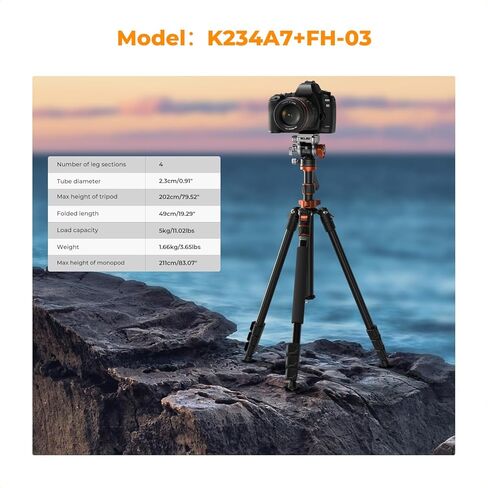 K & F Concept 83 Inch/211cm Camera Video Tripod لـ DSLR ورأس ثلاثي القوائم الموجهة ثلاثية. in Saudi Arabia