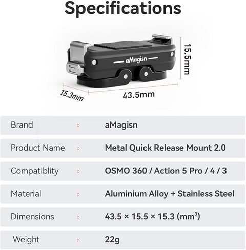 Magnetic Quick release Mount for DJI Osmo 360/DJI Osmo Action 5 Pro/Osmo Action 4/3 ، توسيع شريحة الفولاذ المقاوم للصدأ مع واجهة خيوط 2/4 بوصة in Kuwait