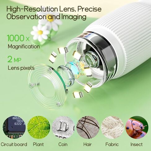 Hilitand 1000X Zoom Real Time HD Imaging Portable Microscope with 8 LEDs, Wider Field of View Microscope for Scientific Exploration (White) in Saudi Arabia