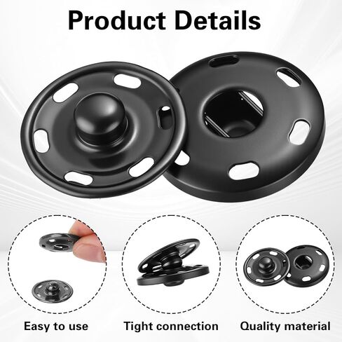 100 Sets Sew-On Snap Buttons 19 mm Metal Fastener Buttons Press Studs Buttons for Sewing Jeans Clothing, Gun Black, Silver in Saudi Arabia
