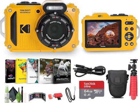 Kodak Pixpro WPZ2 Rugged Rugged Watrackproof Froofchproof WiFi Wifi Digital Vlogging Camera 16MP (أصفر) مع بطاقة ذاكرة 64 جيجابايت + مدونة TRUPOD + BAG + CLEANING KIT + المزيد من الملحقات in Kuwait