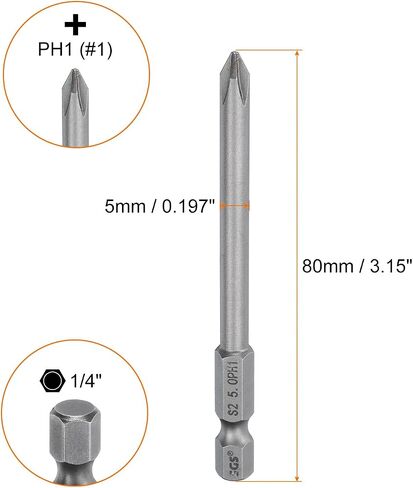 #1 Phillips Screwdriver Bit PH1 1/4" Hex Shank 3.15" (80mm) Long Magnetic S2 Steel Industrial Grade Screw Driver Bit Cross Head Electric Drill Bits 0.197" (5mm) Rod in Saudi Arabia