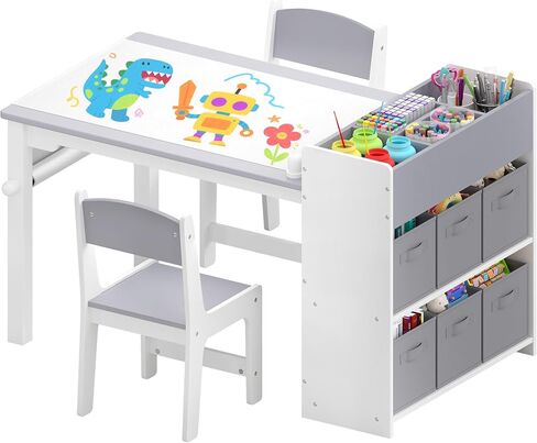 Kids Art Table and Chair Set, Craft and Play Wood Activity Table with Storage Bins and Paper Roll, Toddler Desk for Playroom/Nursery/Home, Kids Table and Chairs Set for Drawing/Learning/Read in Saudi Arabia