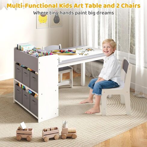 Kids Art Table and Chair Set, Craft and Play Wood Activity Table with Storage Bins and Paper Roll, Toddler Desk for Playroom/Nursery/Home, Kids Table and Chairs Set for Drawing/Learning/Read in Saudi Arabia