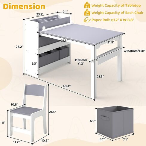 Kids Art Table and Chair Set, Craft and Play Wood Activity Table with Storage Bins and Paper Roll, Toddler Desk for Playroom/Nursery/Home, Kids Table and Chairs Set for Drawing/Learning/Read in Saudi Arabia