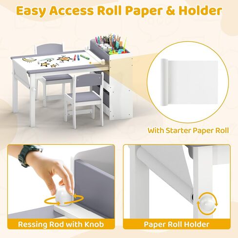 Kids Art Table and Chair Set, Craft and Play Wood Activity Table with Storage Bins and Paper Roll, Toddler Desk for Playroom/Nursery/Home, Kids Table and Chairs Set for Drawing/Learning/Read in Saudi Arabia