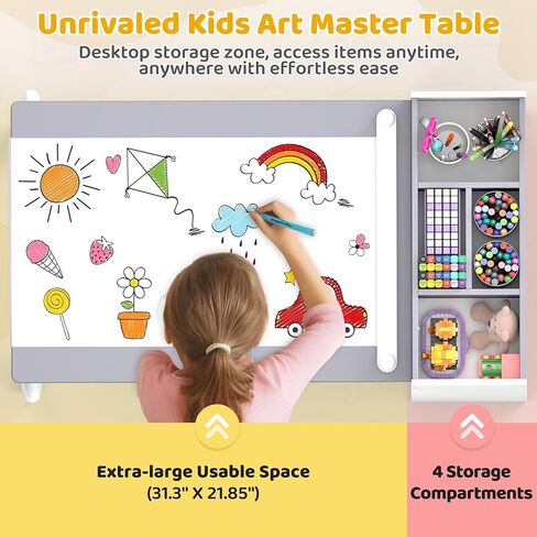 Kids Art Table and Chair Set, Craft and Play Wood Activity Table with Storage Bins and Paper Roll, Toddler Desk for Playroom/Nursery/Home, Kids Table and Chairs Set for Drawing/Learning/Read in Saudi Arabia