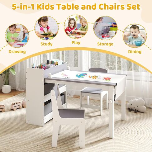 Kids Art Table and Chair Set, Craft and Play Wood Activity Table with Storage Bins and Paper Roll, Toddler Desk for Playroom/Nursery/Home, Kids Table and Chairs Set for Drawing/Learning/Read in Saudi Arabia
