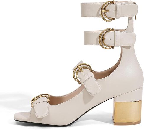 LOCERICH Womens Heeled Sandals Chunky Block Heels Open Toe Strappy Comfortable Ankle Strap Gold Low Heel Dress Shoes for Women in Kuwait