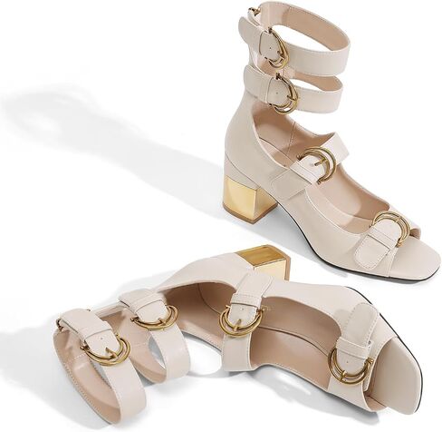 LOCERICH Womens Heeled Sandals Chunky Block Heels Open Toe Strappy Comfortable Ankle Strap Gold Low Heel Dress Shoes for Women in Kuwait