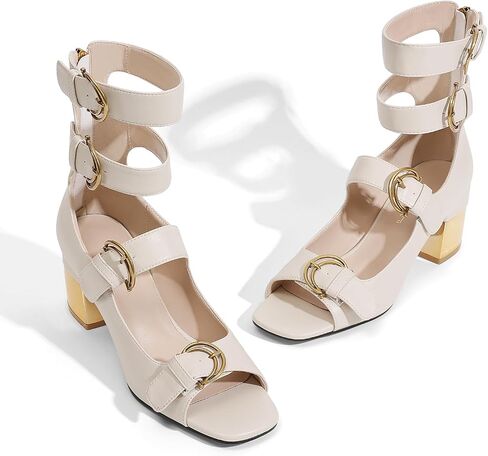 LOCERICH Womens Heeled Sandals Chunky Block Heels Open Toe Strappy Comfortable Ankle Strap Gold Low Heel Dress Shoes for Women in Kuwait