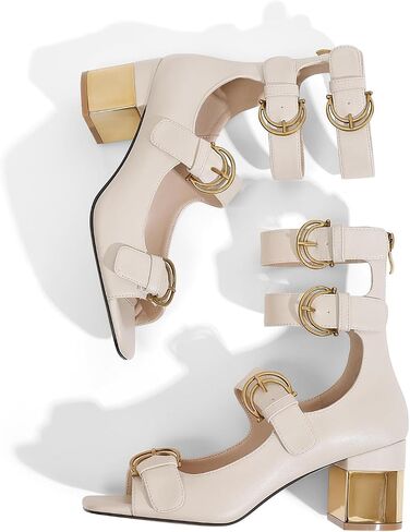 LOCERICH Womens Heeled Sandals Chunky Block Heels Open Toe Strappy Comfortable Ankle Strap Gold Low Heel Dress Shoes for Women in Kuwait