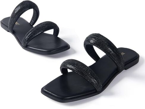 Sparkly Rhinestone Sandals for Women Bling Flat Sandals Dressy Glitter Sparkle Cute Strap Summer Slide Sandals for Dress Wedding Bridesmaid in Kuwait