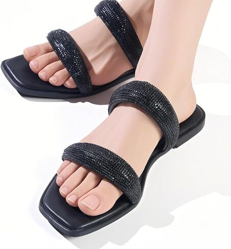 Sparkly Rhinestone Sandals for Women Bling Flat Sandals Dressy Glitter Sparkle Cute Strap Summer Slide Sandals for Dress Wedding Bridesmaid in Kuwait