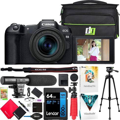 Canon EOS R8 Full Frame Plate Liremless Camera Body مع RF 24-50 مم F4.5-6.3 هو حزمة STM Lens 5803C012 مع حقيبة التصوير الفوتوغرافي DECO + ميكروفون + ترايبود + برنامج وملحقات. in Kuwait