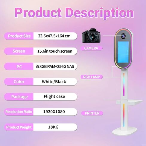 Magic Mirror Photo Booth مع الكاميرا والطابعة ، شاشة تعمل باللمس 15.6 بوصة ، كمبيوتر صغير مدمج ، حالة طيران ، التحكم عن بُعد-مثالي لحفلات الزفاف ، الحفلات والأحداث (أسود ، كاميرا+طابعة) in Kuwait