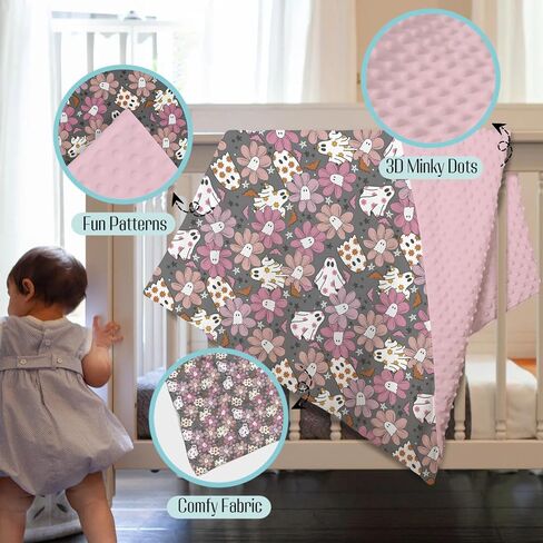 Mink Baby Girls Blankets Purple Pink Halloween Ghost Floral, Spooky Holiday Soft Double Layer Dotted Backing Receiving Swaddle, Newborn Infant Toddler Nursery Crib Bedding Shower Gift 30 x 40 in Kuwait