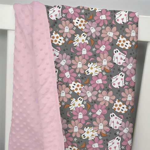 Mink Baby Girls Blankets Purple Pink Halloween Ghost Floral, Spooky Holiday Soft Double Layer Dotted Backing Receiving Swaddle, Newborn Infant Toddler Nursery Crib Bedding Shower Gift 30 x 40 in Kuwait