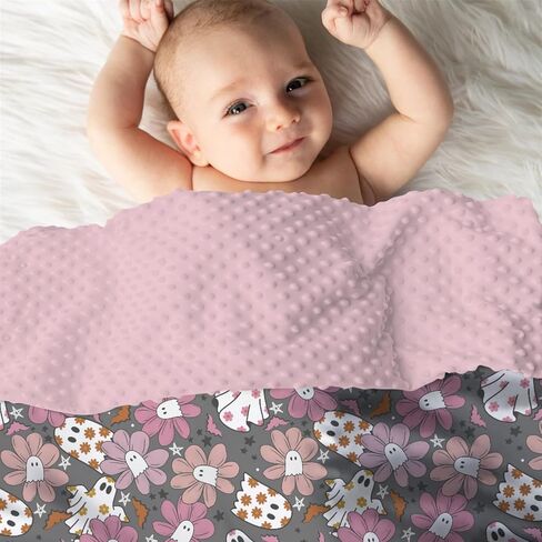 Mink Baby Girls Blankets Purple Pink Halloween Ghost Floral, Spooky Holiday Soft Double Layer Dotted Backing Receiving Swaddle, Newborn Infant Toddler Nursery Crib Bedding Shower Gift 30 x 40 in Kuwait
