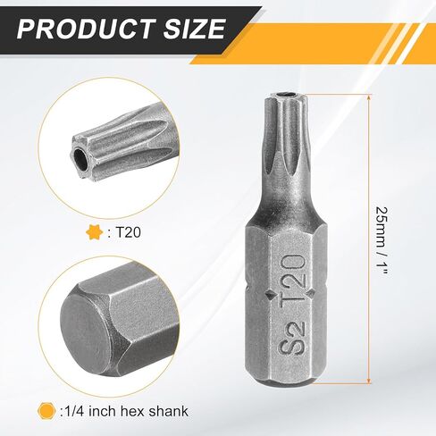 Harfington 2PCS T20 TORX SCEMDRIVER بت 1/4 "Hex Shank 25mm/1" S2 Steel Star 6 Point Hex Security Security Screw Bits مع ثقب للتأثير أدوات سائق برغي كهربائية ، رمادي ، رمادي in Kuwait