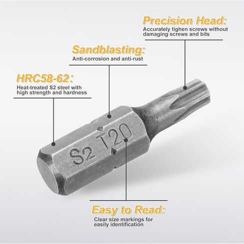 Harfington 2PCS T20 TORX SCEMDRIVER بت 1/4 "Hex Shank 25mm/1" S2 Steel Star 6 Point Hex Security Security Screw Bits مع ثقب للتأثير أدوات سائق برغي كهربائية ، رمادي ، رمادي in Kuwait