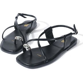 Women'S Leather Strappy Toe Ring Flat Slippers Summer Square Open Toe Buckle Strap Beach Roman Sandals Fashion Casual Thong Sandals in Saudi Arabia