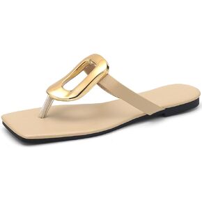 Womens Flat Sandals Leather Comfortable Flip Flops Slide Summer Beach Shoes with Metal Decoration in Saudi Arabia